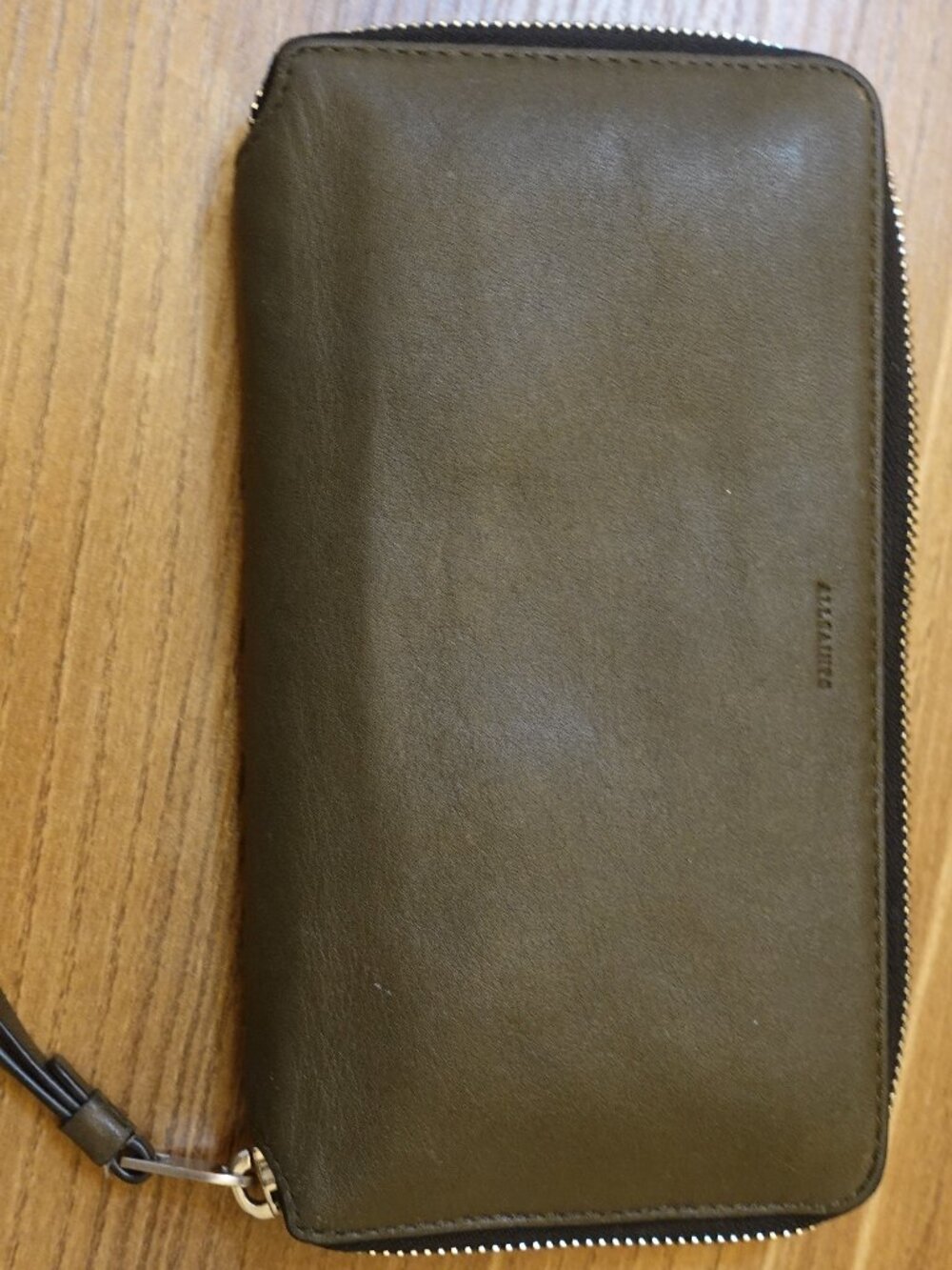 NWT AllSaints Olive Green Black Leather Zip Around Travel Wallet
